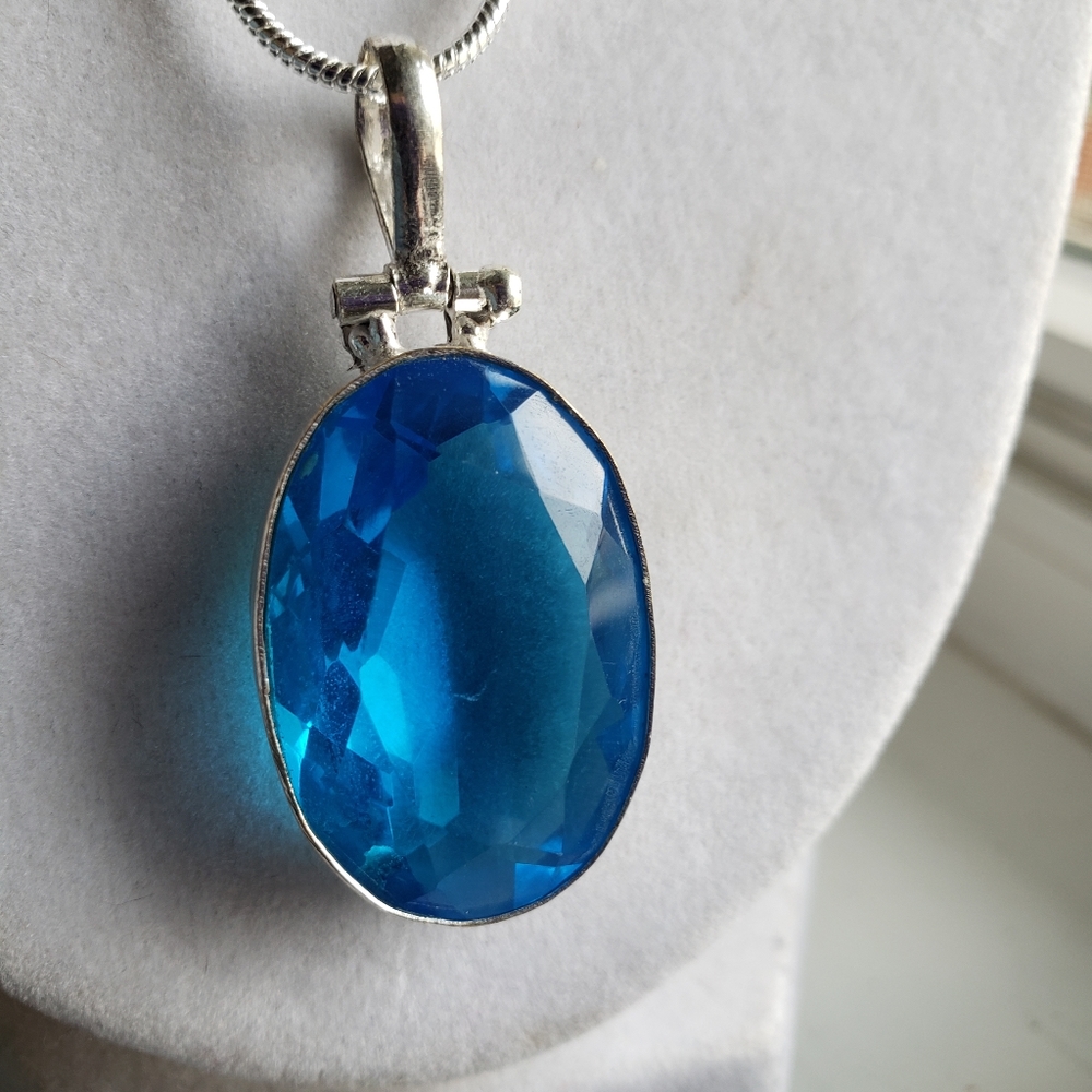 Necklace, huge blue topaz gemstone, handmade on silver snake chain.